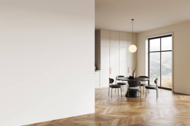 Mutfak manzarası, yemek masası, sandalyeler kırsal alanda panoramik pencere. Lüks dolabı olan yemek ve yemek odası. Boş duvar bölmesini düzenle. 3B görüntüleme