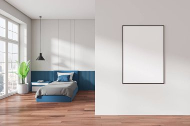 Minimalist bir yatak odası, yatak odası, bitki ve asılı lamba, beyaz bir duvarda boş bir çerçeve, ahşap zemin, modern dekor. 3B Hazırlama