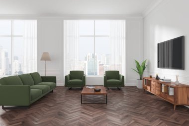 İçi yeşil kanepe, iki koltuk, ahşap sehpa, televizyon ve modern bir dairede şehir manzaralı büyük pencerelerle dolu oturma odası. 3B Hazırlama