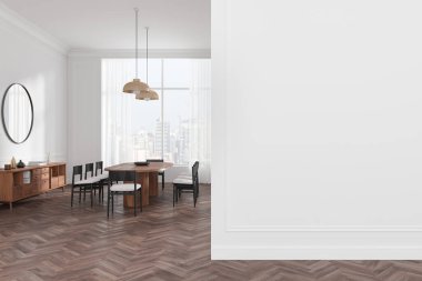 İçinde ahşap bir masa, sandalyeler ve dekorasyon malzemelerinin olduğu büfe olan modern bir yemek odası. Sağ tarafta boş beyaz bir duvar var. Model yapmak için mükemmel. 3B Hazırlama