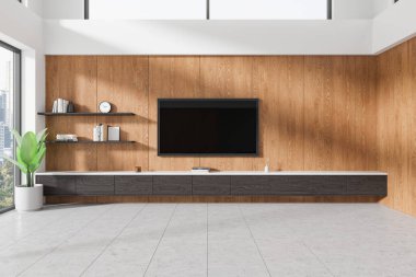 Duvara monte edilmiş televizyonu, rafları ve bitkisi olan modern minimalist oturma odası. Ahşap kaplama arka planı. Çağdaş tasarım kavramı. 3B Hazırlama