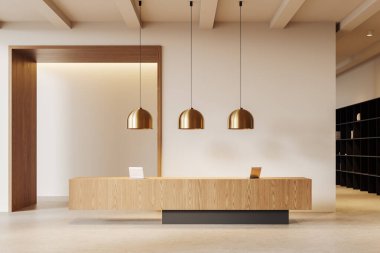 Minimalist ofis ortamında, ahşap bir yüzeyde altın kolye ışıkları ve dizüstü bilgisayarları olan modern kabul masası. Şirket resepsiyonu kavramı. 3B Hazırlama