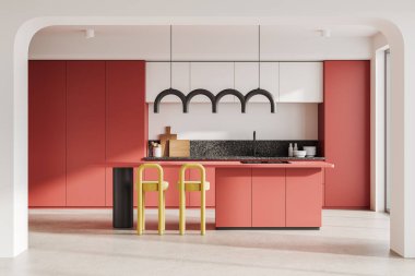 Kırmızı dolaplar, sarı sandalyeler ve eşsiz aydınlatma armatürleriyle modern mutfak tasarımı. Beyaz arka planda minimalist tasarım. 3B Hazırlama