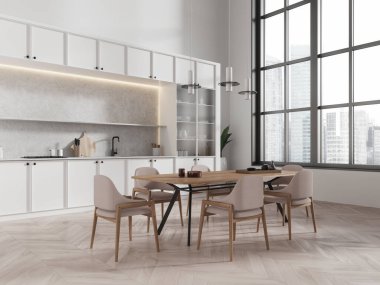 Ahşap yemek masası, sandalyeler, beyaz dolaplar ve büyük pencereleri olan modern bir minimalist mutfak. Çağdaş tarz. Mutfak tasarımı kavramı. 3B Hazırlama