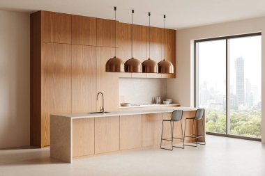 Ahşap dolaplar, lavabosu, bar taburesi ve kolye ışıkları olan büyük bir ada. Mekan, şehir manzarasına bakan geniş bir pencereyle aydınlık. 3B Hazırlama