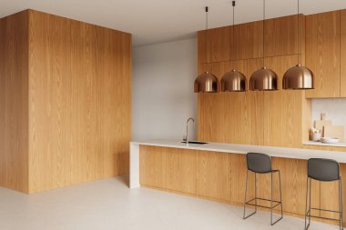 Ev mutfağının köşesindeki taş tezgah ve lavabo, mutfak gereçleri ve bulaşıklarla dolu dolap rafları. Modern dairede ahşap pişirme alanı. 3B görüntüleme