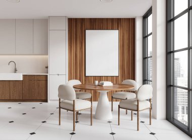 Yemek masası, sandalyeler ve beton zemini olan şık bir ev mutfağı. Gökdelenlerde panoramik pencereli yemek dolabı. Tuvalin posterini hazırla. 3B görüntüleme
