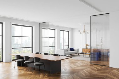 Oturma odası manzarası, yemek masası ve sandalyeler, kanepe ve çekmeceli koltuklar, cam bölme. Bangkok gökdelenlerinin panoramik penceresi. 3B görüntüleme