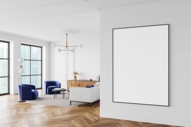 Modern ev oturma odası manzarası kanepe, mavi sandalyeler, büfe dekorasyonu. Gökdelenlerin panoramik pencereli dinlenme alanı. Duvara çadır bezi posteri asın. 3B görüntüleme