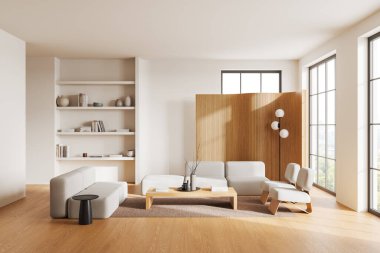 Minimalist oturma odası, açık renkli mobilyalar, ahşap aksanlar ve ahşap zemin zeminine monte edilmiş raflar. Modern iç tasarım kavramı. 3B Hazırlama