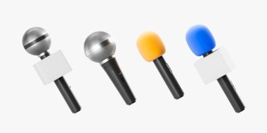 Sıraya dizilmiş dört farklı mikrofon, boş beyaz arka plan. Kayıt, şarkı söyleme, konuşma veya yayın konsepti için profesyonel ekipman. 3B resimleme 