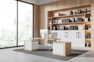 İçinde dosyalar ve kutularla dolu ahşap raflar, bilgisayarlı minimalist bir masa ve dışarıda yeşillik olan büyük bir pencere bulunan modern ofis içi. İş alanı kavramı. 3B Hazırlama