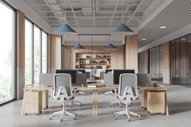 Ofisin içini şık bir şekilde dizilmiş bilgisayarlarla donatın. Endüstriyel ortak çalışma alanı ve raflı CEO odası. Panoramik pencere ve cam odalı koridor. 3B görüntüleme