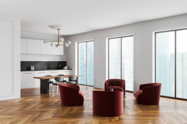 Lüks ev stüdyosunun dört kırmızı koltuğu, sandalyeli ve dolaplı yemek masası, ahşap zemin. Gökdelenlerin panoramik penceresi. 3B görüntüleme