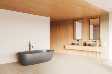 Serbest küvetin, ahşap aksanların ve modern lavaboların olduğu şık bir banyo. Tarafsız bir arkaplanda minimal tasarım. 3B Hazırlama