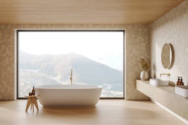 Havalı bir otel banyosu küveti ve lavabosu var, aksesuarlar taş tezgahta ve sehpada. Sıcak banyo alanı ve kırsal alanda panoramik pencere. 3B görüntüleme