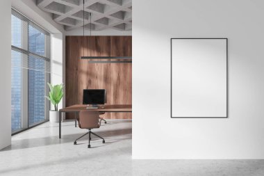 Koltuklu minimalist çalışma alanı, dizili bilgisayarlı masalar. Singapur gökdelenlerinin panoramik penceresi. Bölümdeki tuval posterini taklit et. 3B görüntüleme