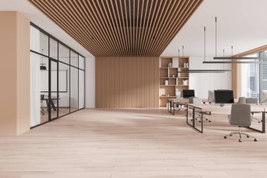 Ahşap tavanlar ve cam bölmelerle donatılmış, üretkenlik ve işbirliği için tasarlanmış zarif bir ofis. 3B Hazırlama