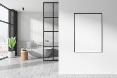 Şık bir banyo küveti, cam bölmeli duş, aksesuarlı raf. Singapur gökdelenlerinin panoramik penceresi. Tuvalin posterini hazırla. 3B görüntüleme