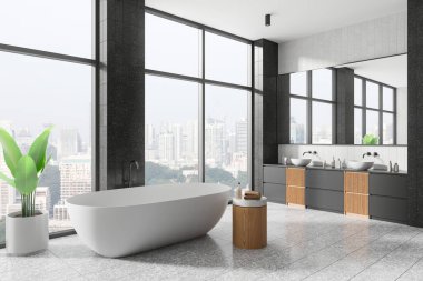 Serbest küvetli geniş modern banyo, geniş pencereler şehir manzarası sunuyor, çift lavabo, parlak tasarım, minimalist dekor. 3B Hazırlama