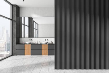 Çift lavabo, ayna ve boş fotokopi odası bölmesi olan şık bir ev banyosu. Aksesuarlı dolap. Gökdelenlerin panoramik penceresi. 3B görüntüleme