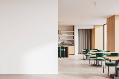 Lokantanın içinde sıra sıra yemek masaları ve sandalyeler, bar adası ve beton zeminde sıra sıra tabure var. Panoramik pencere ve perdeli kapı. Boş duvar bölmesini düzenle. 3B görüntüleme