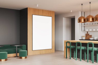 Lüks restoran manzarası, ahşap yemek masaları ve yeşil pouf, tuval posteri. Yemek pişirme ve yeme alanı olan bar adası. 3B görüntüleme