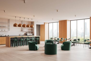 İçinde yeşil sandalyeler, ahşap elementler ve şehir manzaralı geniş pencereler, çağdaş tasarım ve rahat bir atmosfer olan modern bir kafe. 3B Hazırlama