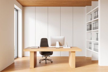 Ahşap bir masa, ergonomik sandalye, büyük ekran ve organize rafların bulunduğu şık bir ofis. Minimalist tasarım. 3B Hazırlama