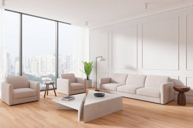 Beyaz kanepe ve koltuklu ev manzarası dekoratif kahve masası, ahşap zemin. Singapur gökdelenlerinin panoramik penceresi. 3B görüntüleme