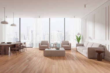 Geniş, modern oturma odası geniş pencereli, minimalist mobilyalı, ahşap döşemeli ve arka planda şehir manzaralı. Çağdaş yaşam kavramı. 3B Hazırlama