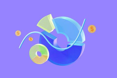 Parlak mor bir arkaplanda renkli segmentler ve dolar paralarının olduğu bir finansal tablonun soyut bir temsili. 3B Hazırlama