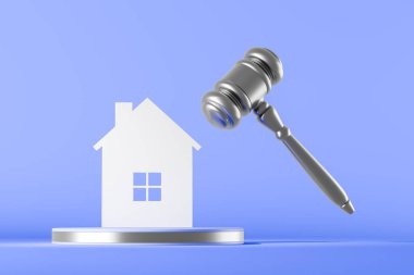 Podyumda soyut evi olan gümüş bir açık arttırma tokmağı, renkli bir arka plan. Pazarlık, emlakçılık, emlak anlaşması ve satışı kavramı. 3B resimleme