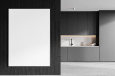 Gri mutfak dolabının içinde mutfak gereçleri var. Modern dairede yemek pişirme yeri. Duvar bölmesindeki tuval posterini taklit et. 3B görüntüleme