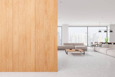 İçinde ahşap bir duvar, minimalist mobilyalar ve şehir manzarası olan geniş pencereler olan geniş bir oturma odası. 3B Hazırlama
