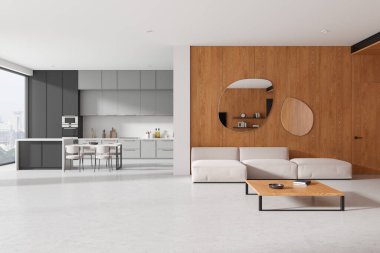 Tarafsız tonların, ahşap aksanların ve parlak mobilyaların olduğu şık bir mutfak ve oturma odası modern bir atmosfer yaratıyor. 3B Hazırlama