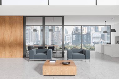 Yumuşak bir yeri, sehpası, cam bölmesi ve yemek masası ve sandalyeli yemek dolabı olan rahat bir stüdyo dairesi. Bangkok gökdelenlerinin panoramik penceresi. 3B görüntüleme