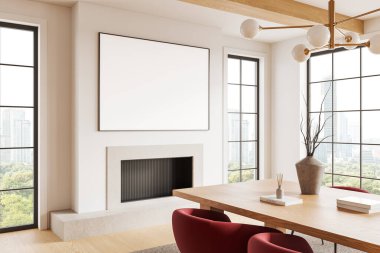 Modern oturma odasının köşesinde sandalyeler, yemek masası, şömine ve Bangkok 'ta panoramik pencere var. Uzay tuvali posterini kopyala. 3B görüntüleme