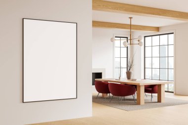 Klasik oturma odasının köşesinde sandalyeler, yemek masası, şömine ve Bangkok 'ta panoramik pencere var. Uzay tuvali posterini kopyala. 3B görüntüleme