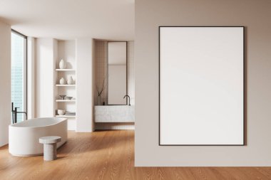 Beyaz banyo, banyo küveti ve lavabosu, aksesuarları ve ahşap döşemelerle dolu bir raf. Singapur gökdelenlerinin panoramik penceresi. Tuvalin posterini hazırla. 3B görüntüleme