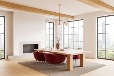 Ahşap bir masa, kırmızı sandalyeler ve minimalist bir tasarımın yer aldığı modern bir yemek odası. Doğal ışık alanı şehir manzarasıyla dolduruyor. 3B Hazırlama