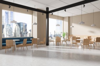 İçinde ahşap masa ve sandalyeler, şehir manzaralı geniş pencereler ve minimalist tasarım bulunan modern bir kafe. Çağdaş yemek kavramı. 3B Hazırlama