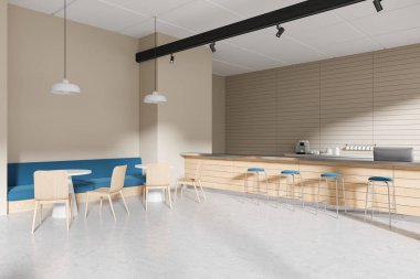 Bar tezgahı, tabure, sandalye ve kahve makinesi olan bej kafenin köşesi. Lüks yemek yeme alanı, mavi kanepe ve sıra sıra yemek masaları. 3B görüntüleme