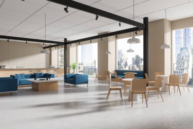 Bej kafe manzarası, yemek masaları, sandalyeler, buluşma yeri. Bar adası, sıralı tabure ve New York gökdelenlerinde panoramik pencere. 3B görüntüleme