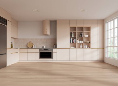 Minimalist bej ev mutfağı mutfak iç mutfak dolabı mutfak gereçleri, duvara monte edilmiş fırın ve buzdolabı. Tropik bölgelerde ve parke zeminde panoramik pencere. 3B görüntüleme