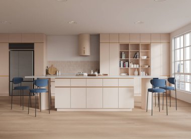 Mavi sandalyeleri, dolabı, mutfak gereçleri ve buzdolabı olan zarif bir ev mutfağı. Dekorasyonlu rahat yemek pişirme alanı tasarımı. Gökdelenlerin panoramik penceresi. 3B görüntüleme