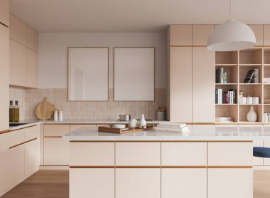 Tarafsız bir arka plana sahip çağdaş tarzda ayarlanmış, hafif dolaplar ve ahşap bir adanın yer aldığı şık bir mutfak. 3B Hazırlama