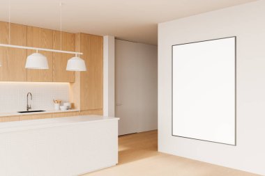 Ev mutfağının iç mekan manzarası, ahşap zeminde lavabo ve mutfak gereçleri olan yemek dolabı. Görünmez kapı ve beyaz duvardaki tuval posteri. 3B görüntüleme