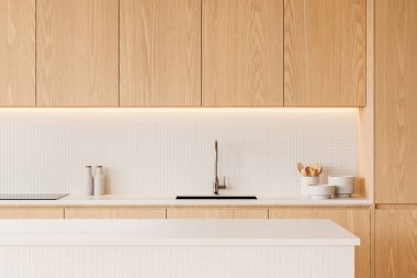 Beyaz ve ahşap ev mutfağı, ahşap dolabı olan bir bar adası. Lavabo, elektrikli soba ve mutfak malzemeleri. Şık bir dairede yemek pişirme alanı tasarımı. 3B görüntüleme