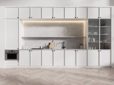 Beyaz dolaplı modern mutfak ve hafif ahşap zeminde minimalist tasarım. Arka planda gri bir arka plan var. 3B Hazırlama